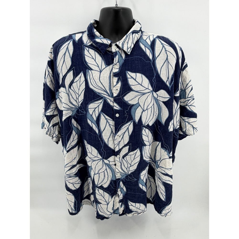 Johnny Bigg Button Up Shirt Men 5XL Navy Blue Floral Linen Blend Tropical Leaf